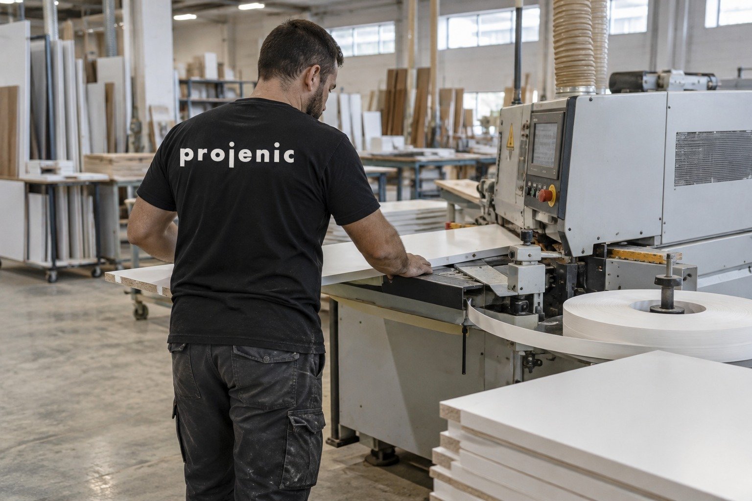 Projenic atölyesinde kenar bantlama makinesinde panel bantlama