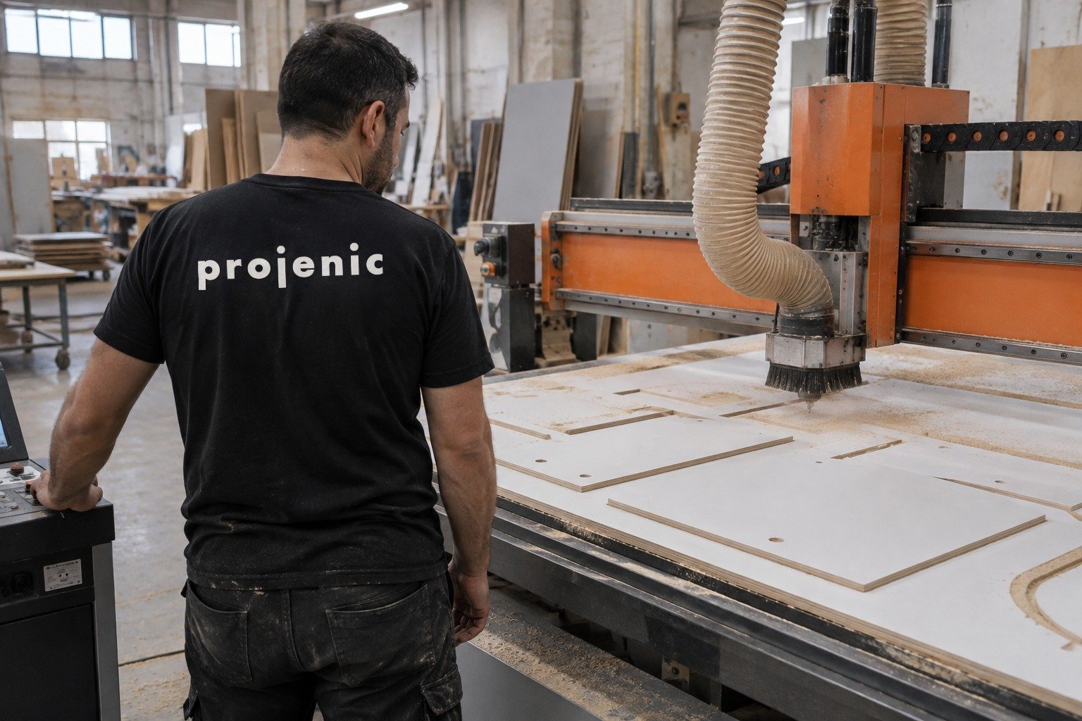 Projenic atölyesinde CNC tezgâhında MDF panel kesimi